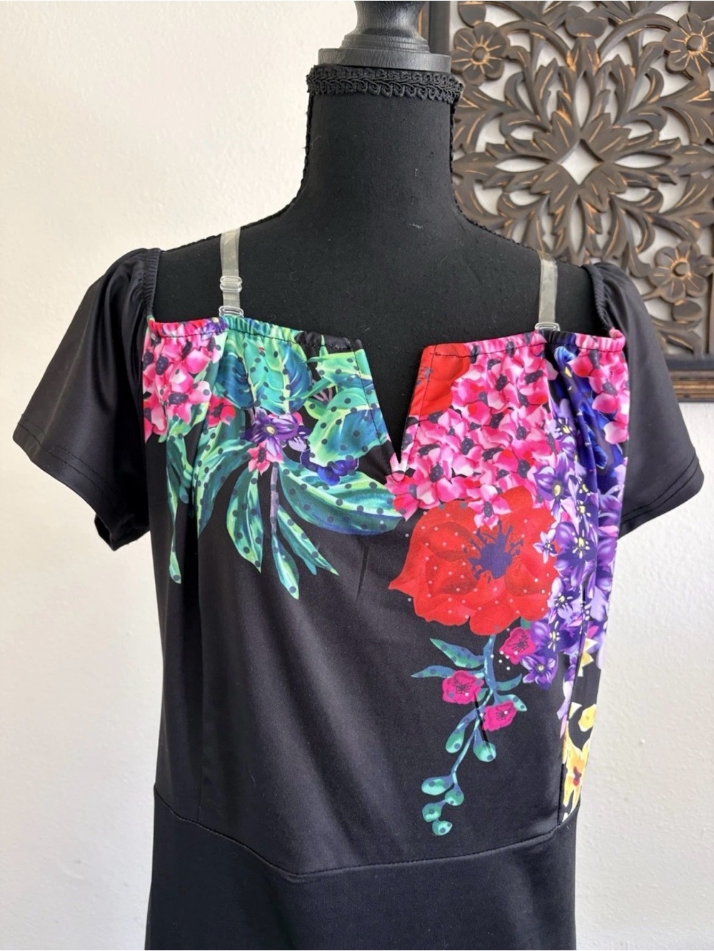 Black Floral High-Low Dress with Colorful Floral Bottom Ruffle